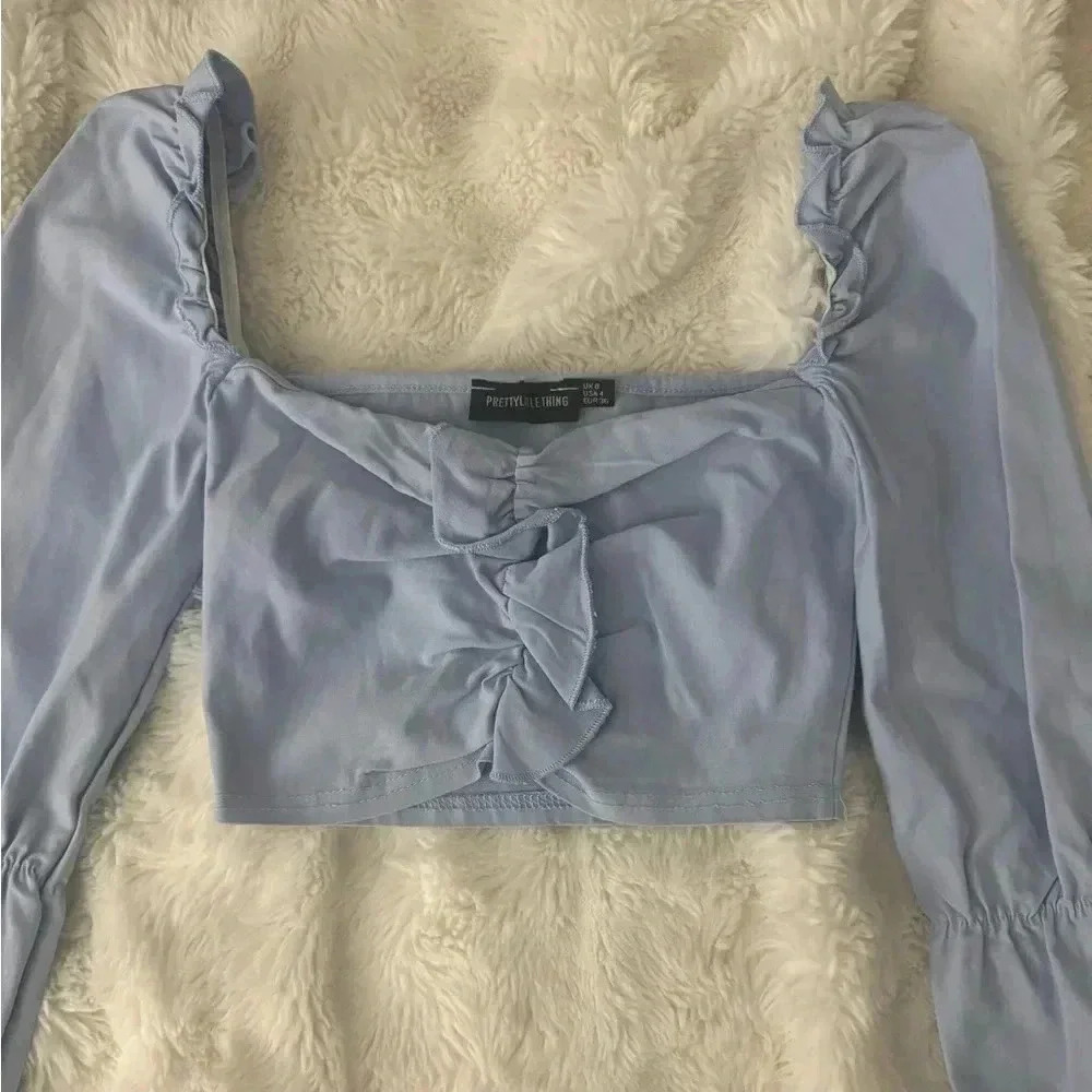 PrettyLittleThing baby blue long-sleeve ruffled crop-top